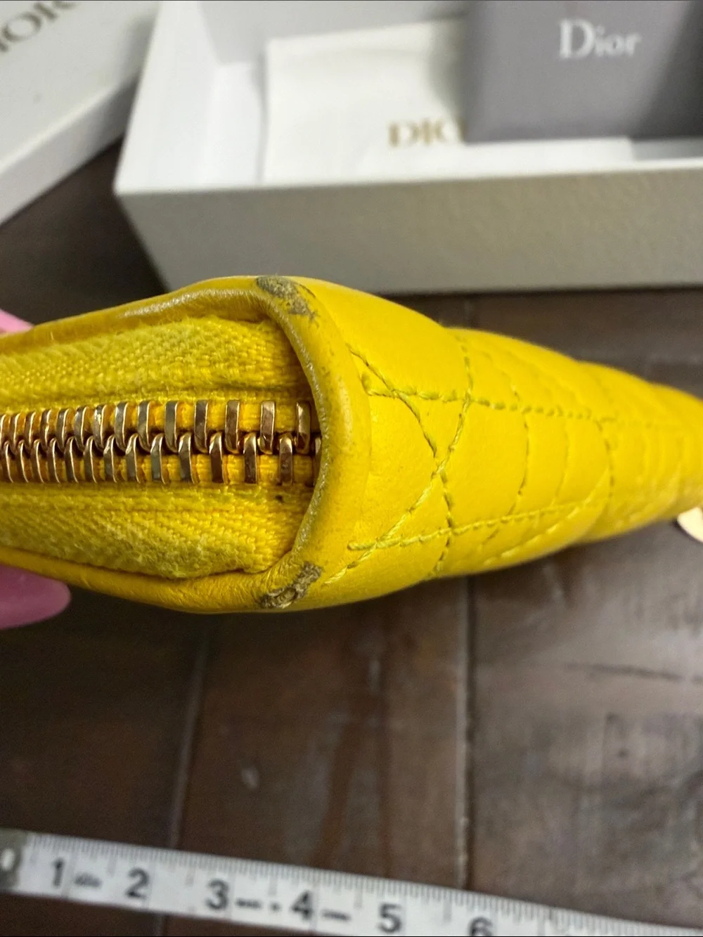 Dior Yellow Quilted Zip Wallet with Gold Hardware
